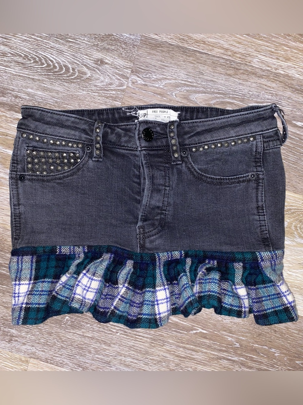 Y2K Free People Black Denim Mini Skirt with Green Plaid Ruffle